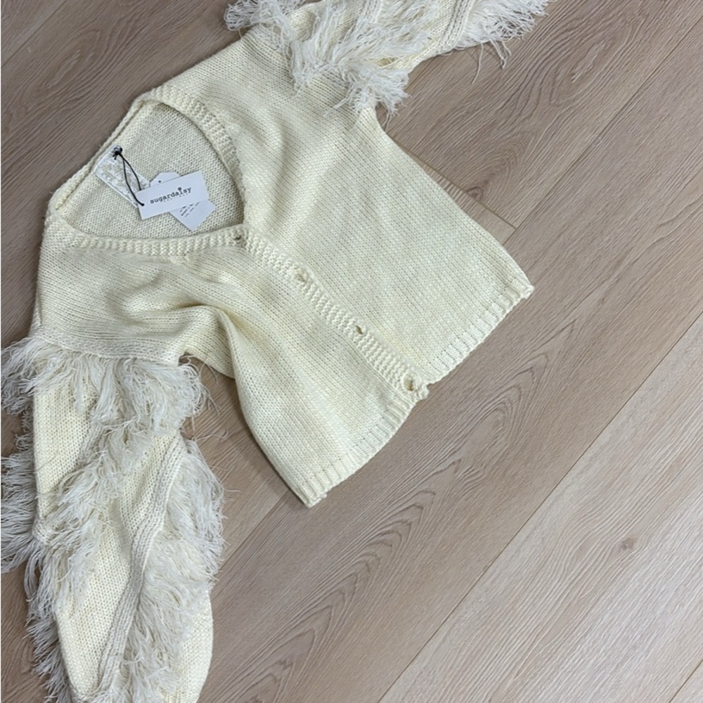 Others Follow Cream Cardigan with Fringe Sleeves